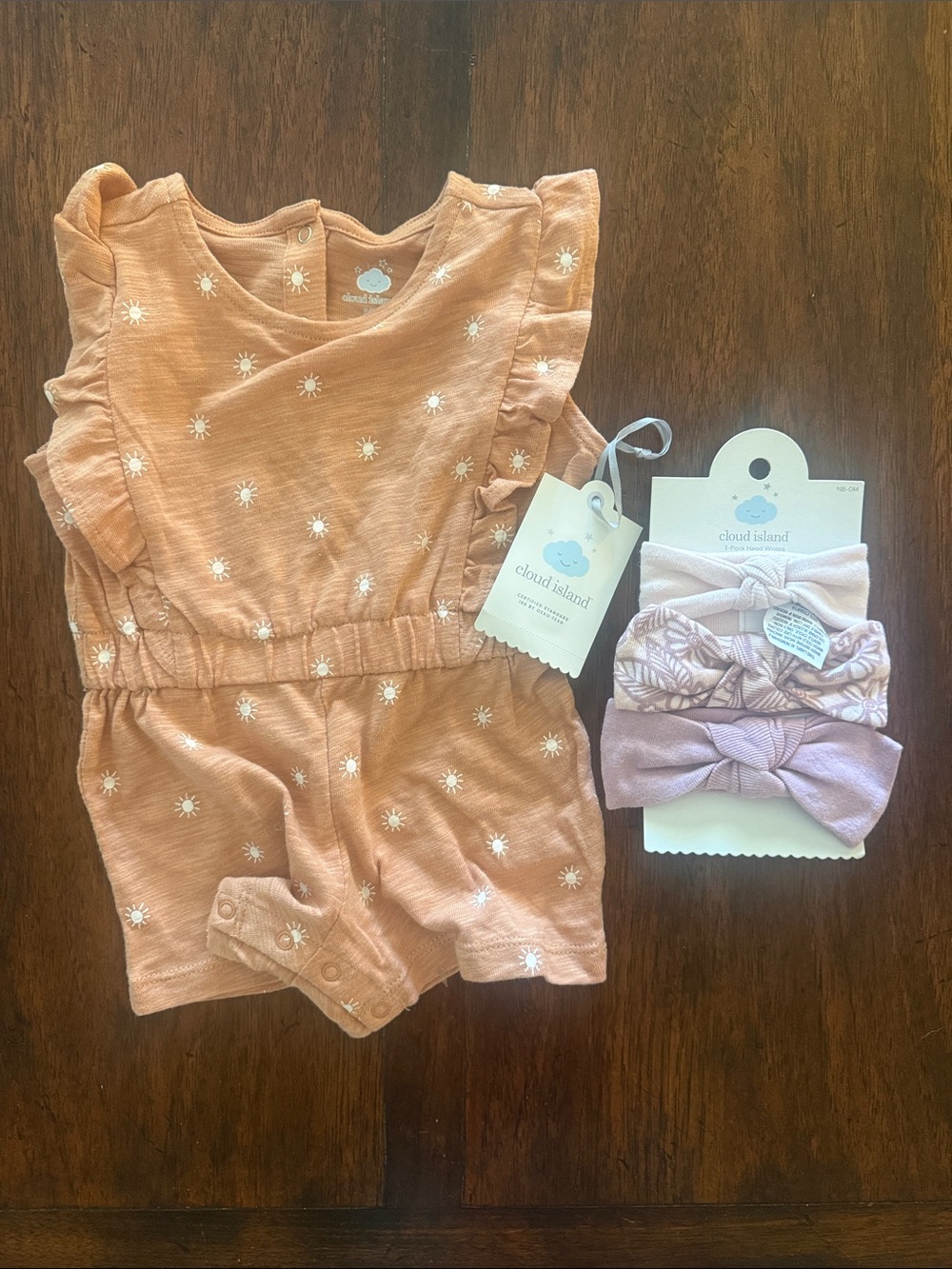 cloud island Peach Romper with Lilac Headwrap Bundle